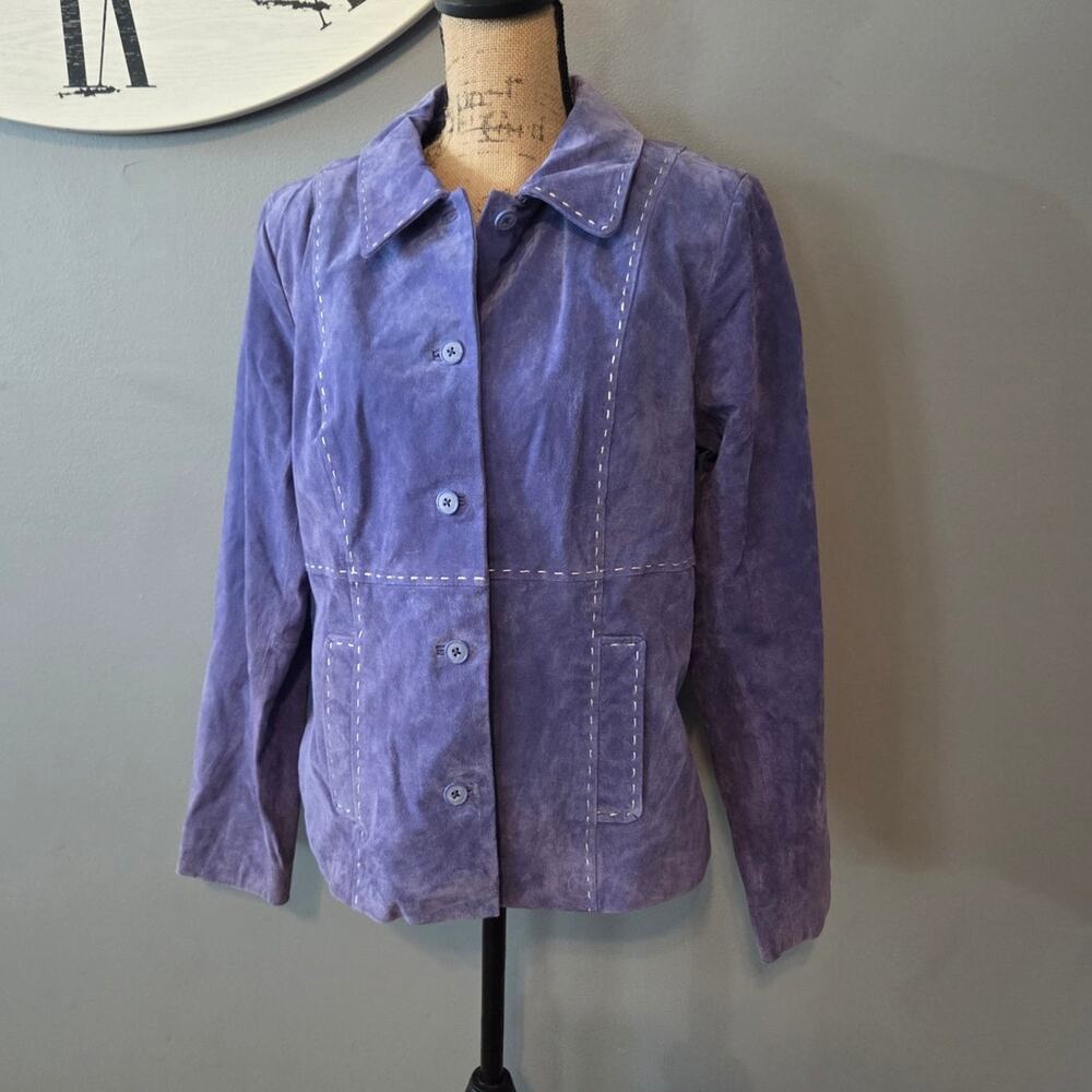 vtg dialoge 100% genuine leather coat blue stitching detail L
